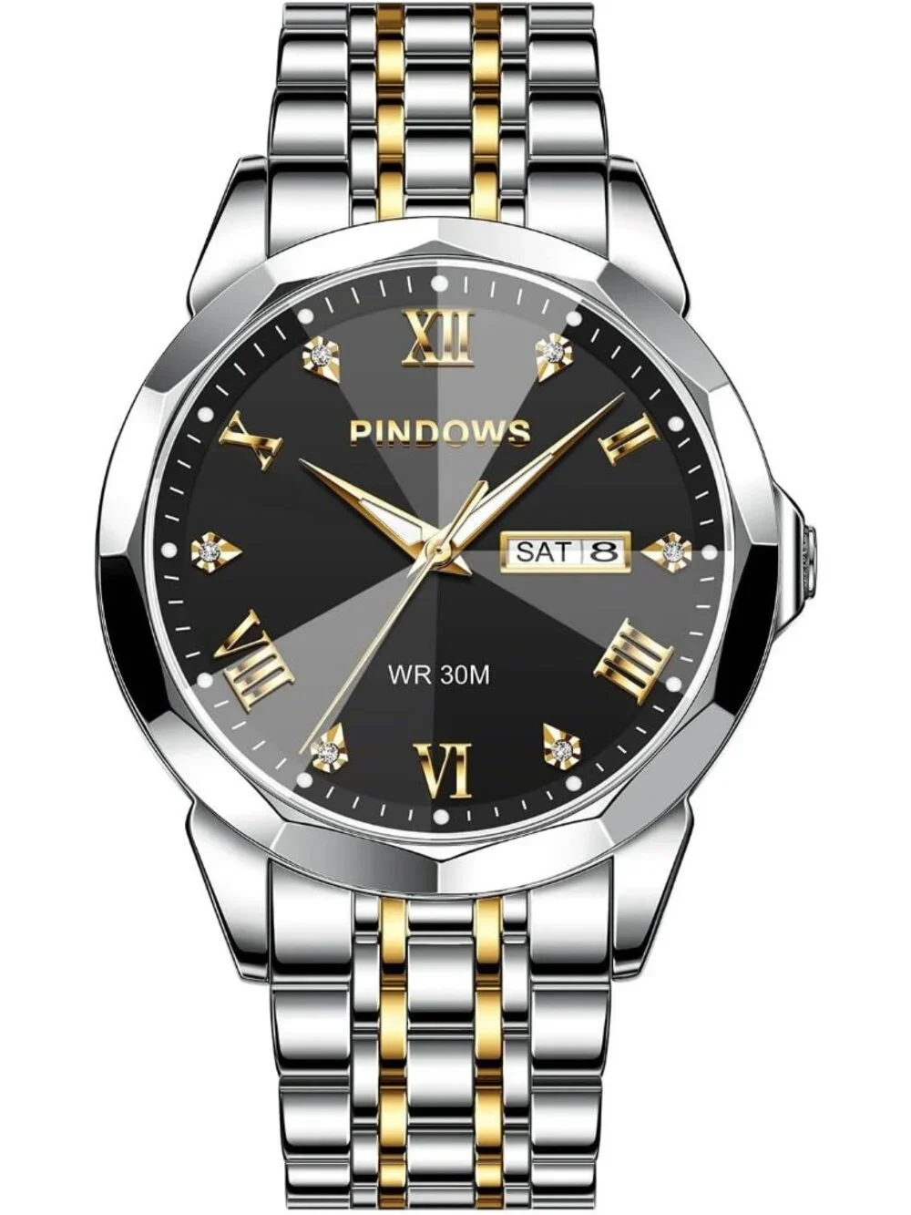 Men's Black Gold Silver Classic Quartz Watch Stainless Steel Diamond Dial Watch